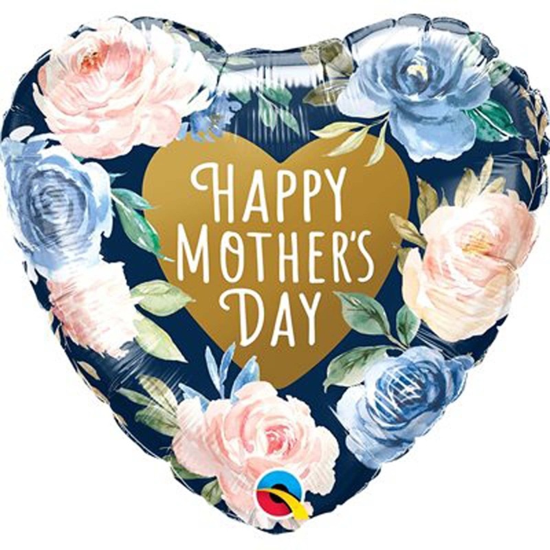 "Happy Mother's Day" Heart-Shaped Foil Balloon, Blue and Pink Roses, 18 inches, 1 Count