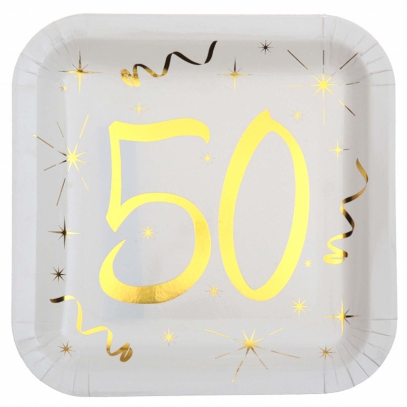 Starry Golden Age 50th Birthday Large Square Lunch Paper Plates, 9 Inches, 10 Count