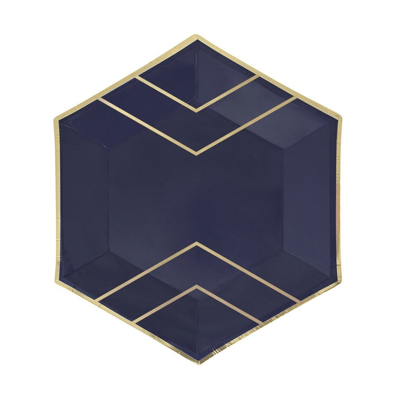 Large Hexagon Shaped Lunch Paper Plates, Navy Blue and Gold, 9 Inches, 8 Count
