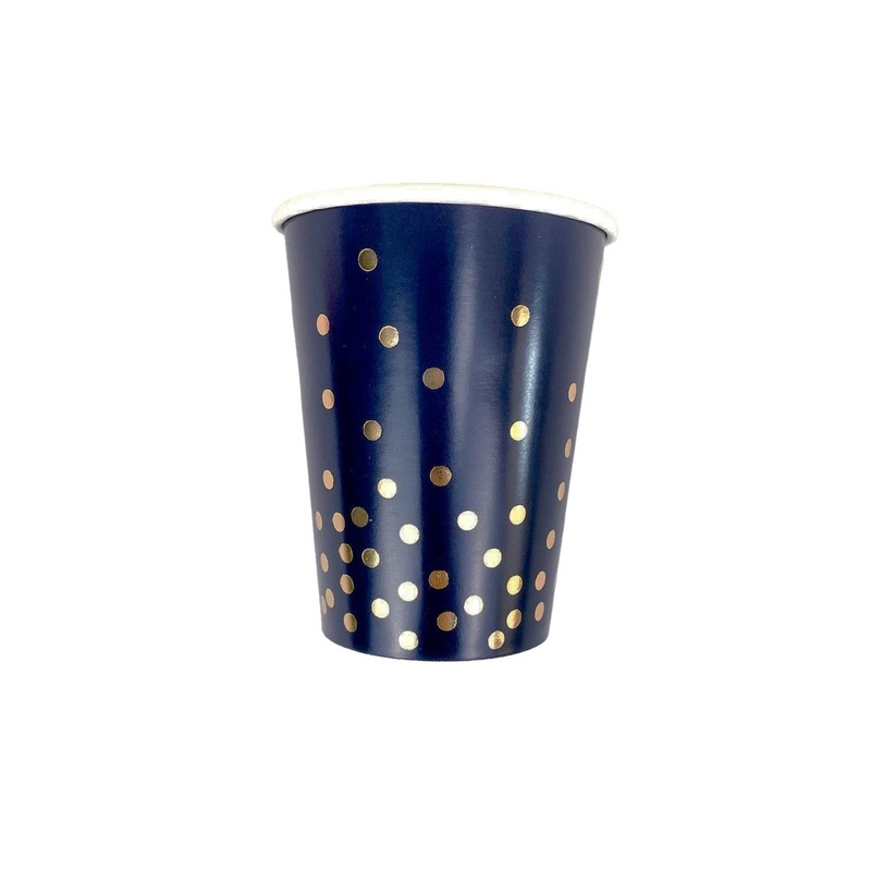Navy Blue Paper Cups with Gold Confetti, 9 Oz, 8 Count