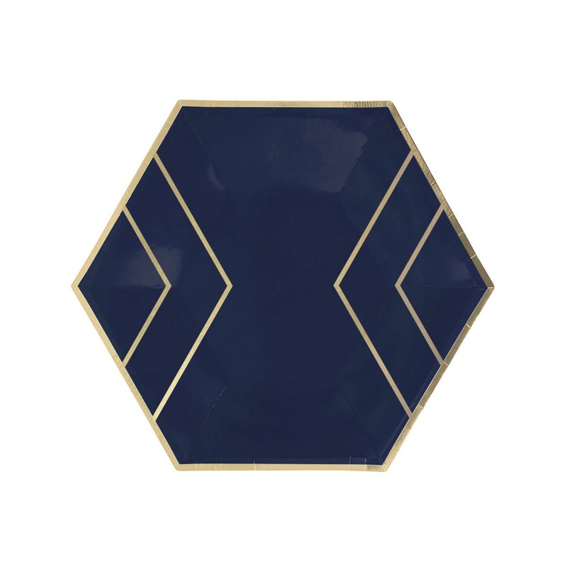 Small Hexagon Shaped Dessert Paper Plates, Navy Blue and Gold, 7 Inches, 8 Count