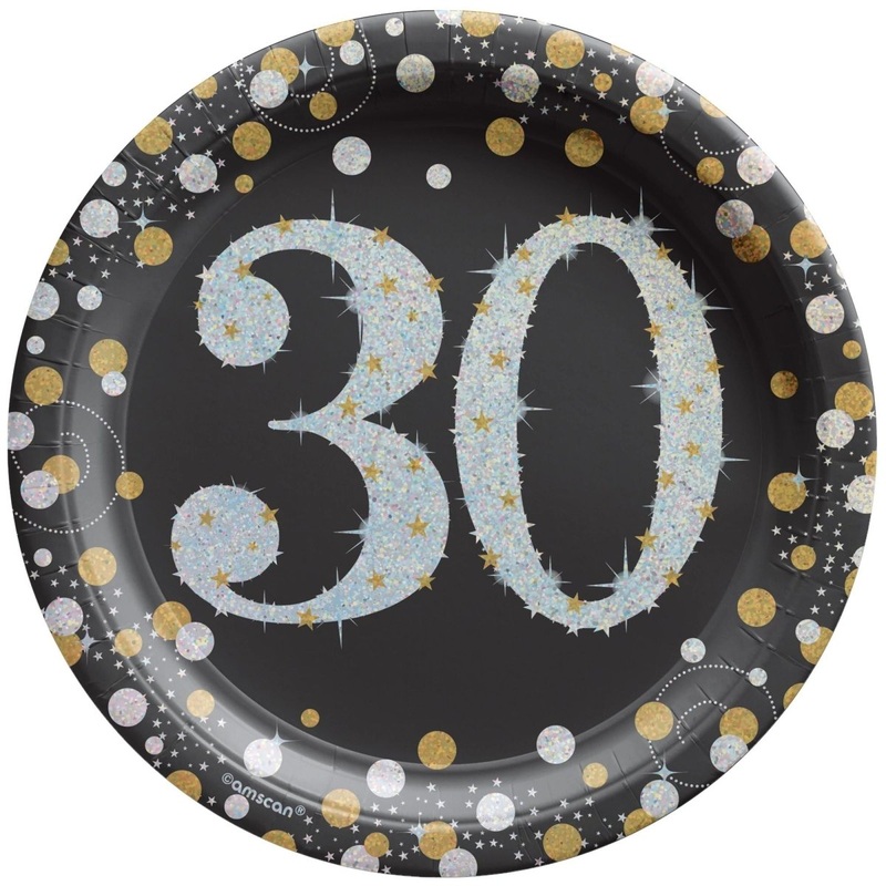 30th Sparkling Celeb Small Round Dessert Paper Plates, 7 Inches, 8 Count