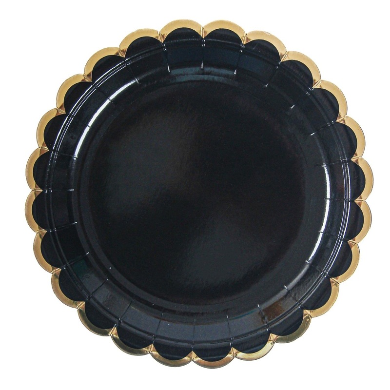 Black Flower Edge Large Lunch Paper Plates, 9 Inches, 8 Count