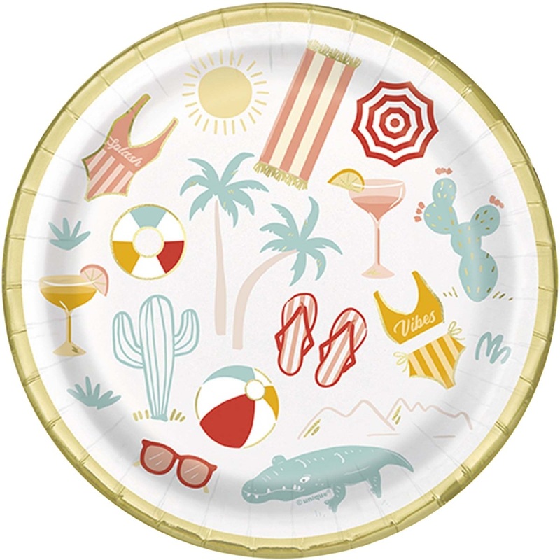 Poolside Summer Small Round Dessert Paper Plates, 7 Inches, 8 Count