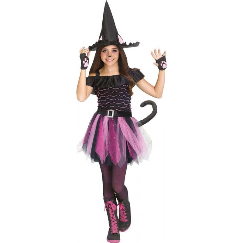 Witchy Kitty Costume for Kids, Pink and Black Dress S