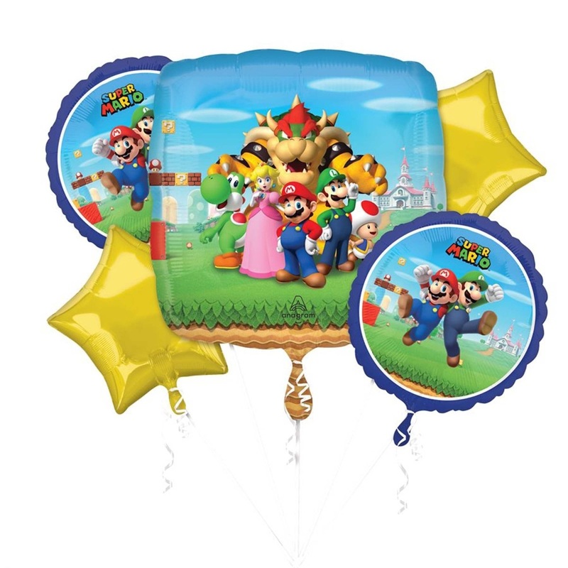 Super Mario Bros Foil Balloon Bouquet, Helium Inflation not Included, 5 Count