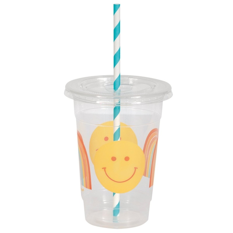 Feelin' Retro Birthday Plastic Cups with Straw and Lid, 16 Oz, 4 Count