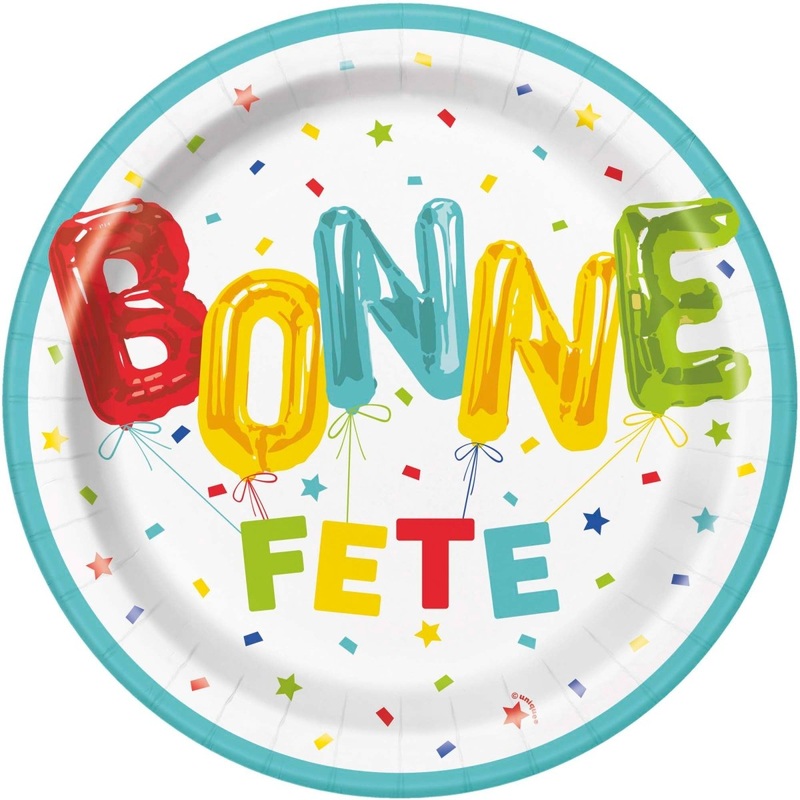 Bright "Bonne Fte" Large Round Lunch Paper Plates, 9 Inches, 8 Count