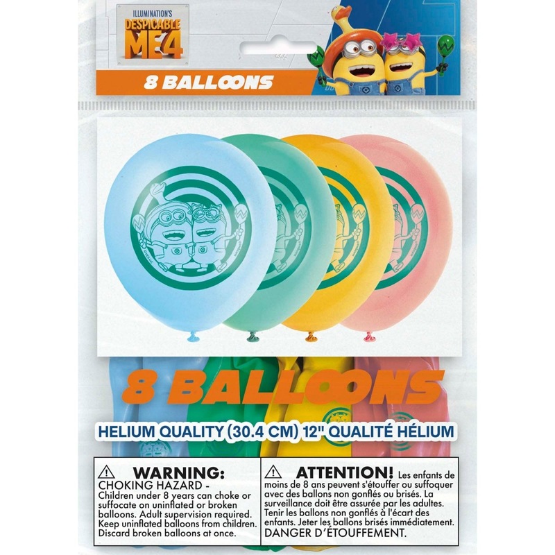 Despicable Me 4 Printed Latex Balloons, Blue, Green, Yellow and Peach, 12 inches, 8 Count