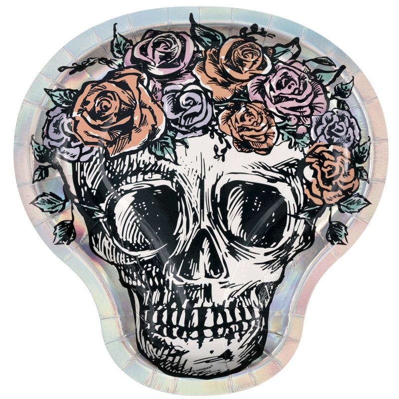 Iridescent Hauntings Small Skull Shaped Dessert Paper Plates, 7 Inches, 8 Count