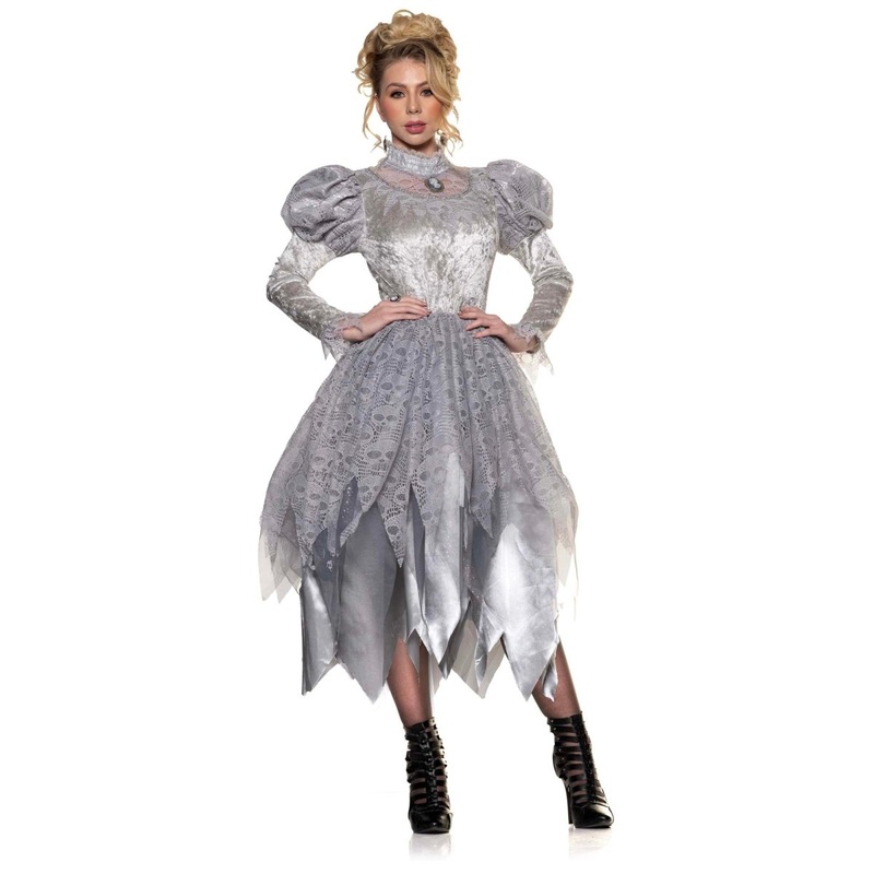 Victorian Ghost Costume for Adults, Grey Dress S