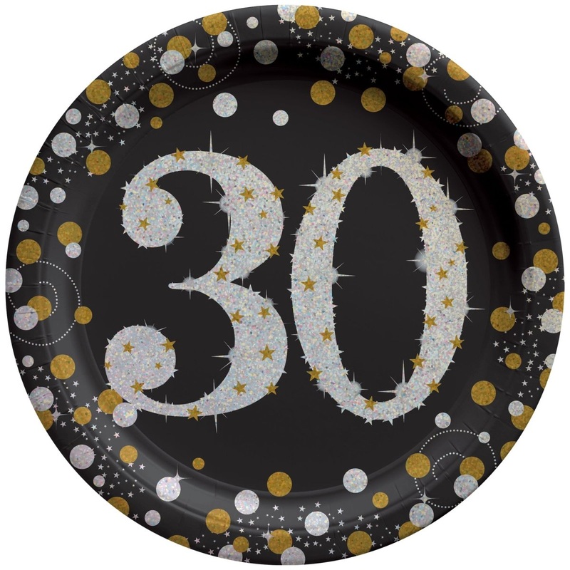 30th Sparkling Celeb Large Round Lunch Paper Plates, 9 Inches, 8 Count