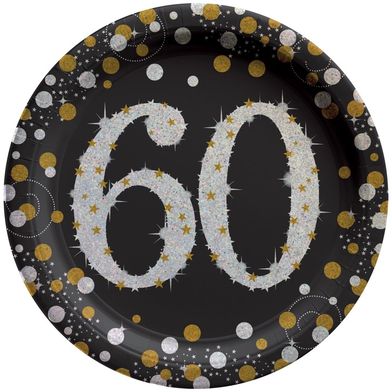 60th Sparkling Celeb Large Round Lunch Paper Plates, 9 Inches, 8 Count