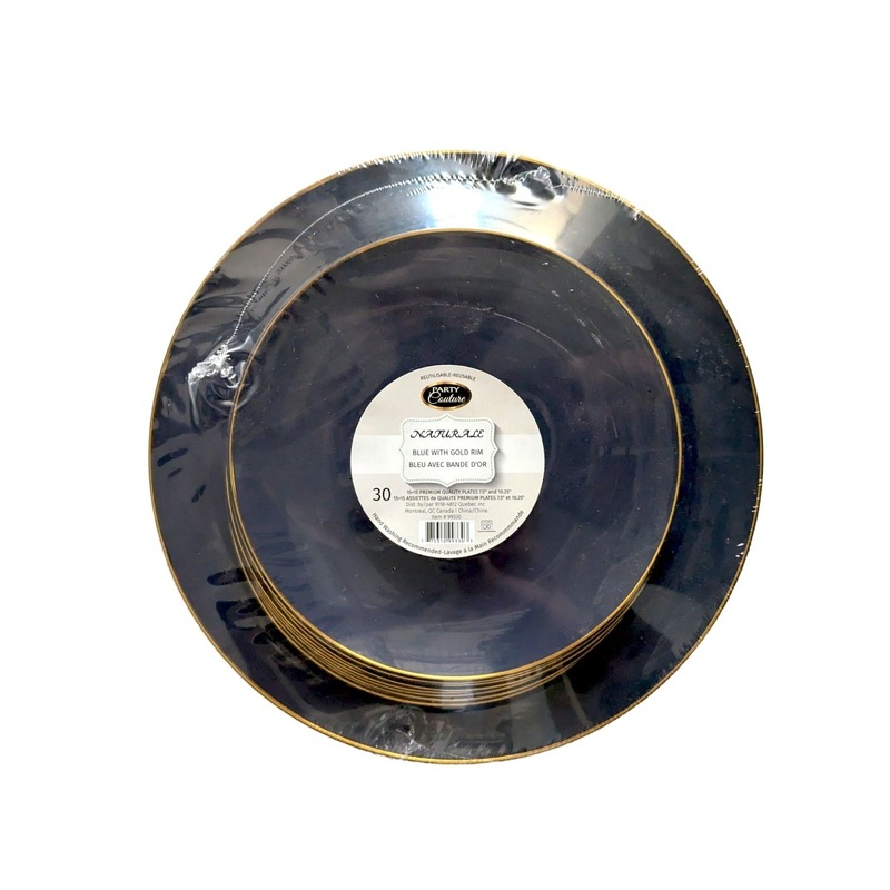 Blue Premium Quality Round Plates with Gold Rim Combo, 30 Count