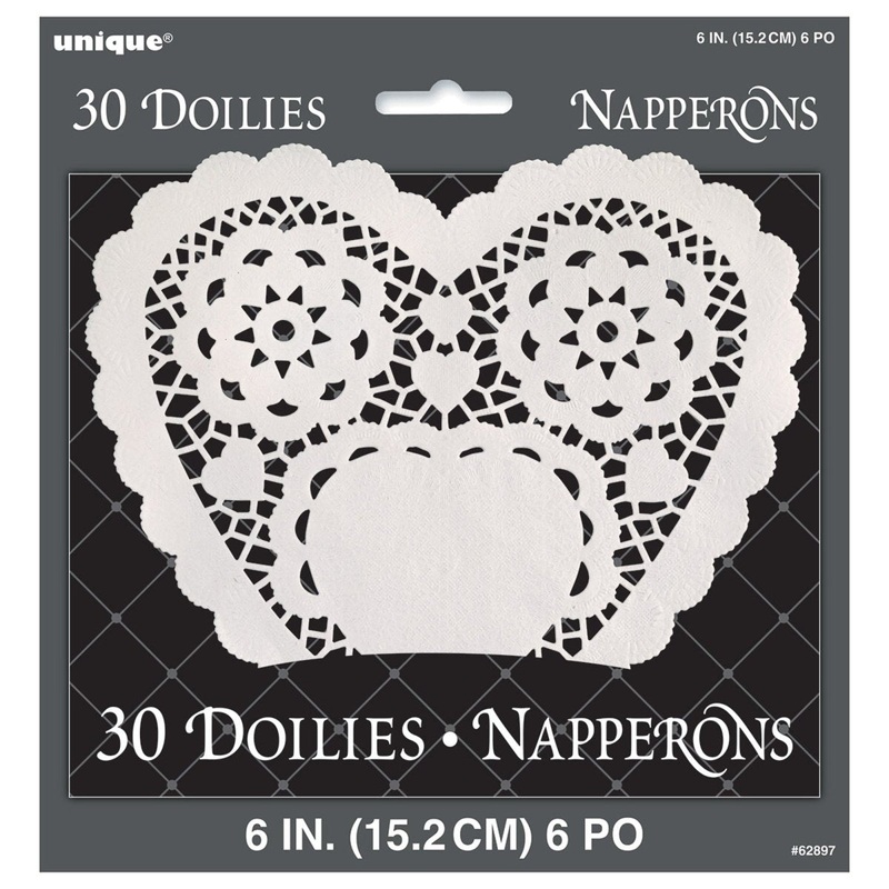 Small White Heart Shaped Doilies, 6 Inches, 30 Count