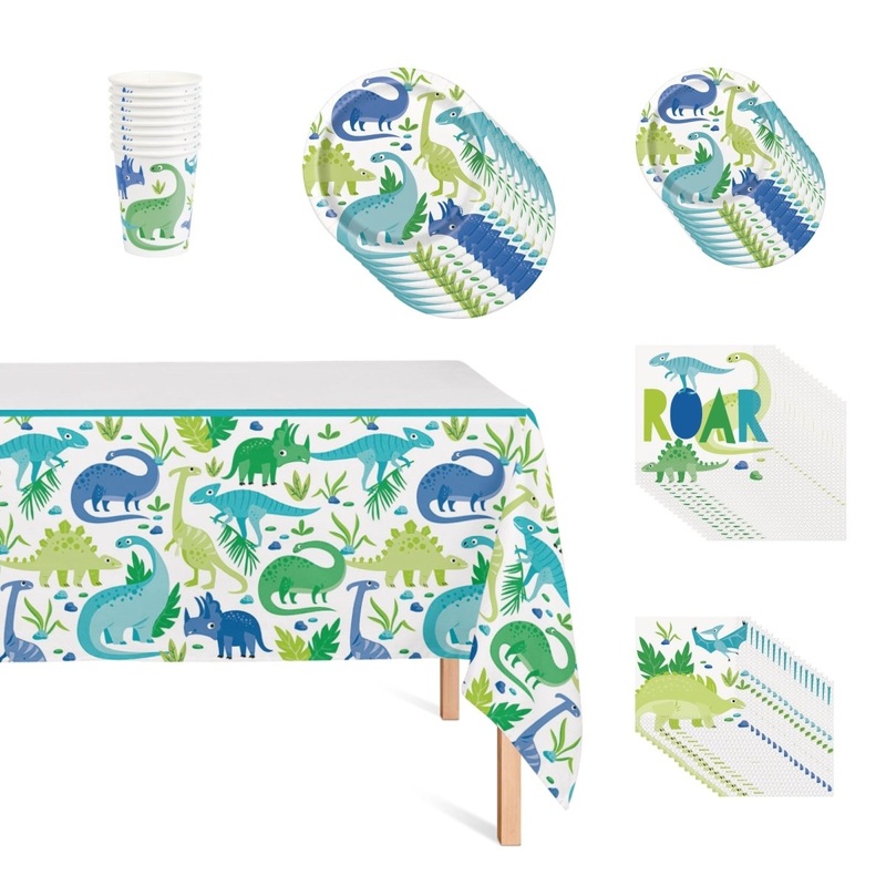 Blue and Green Dinosaurs Basic Tableware Birthday Party Supplies Kit, 8 Guests