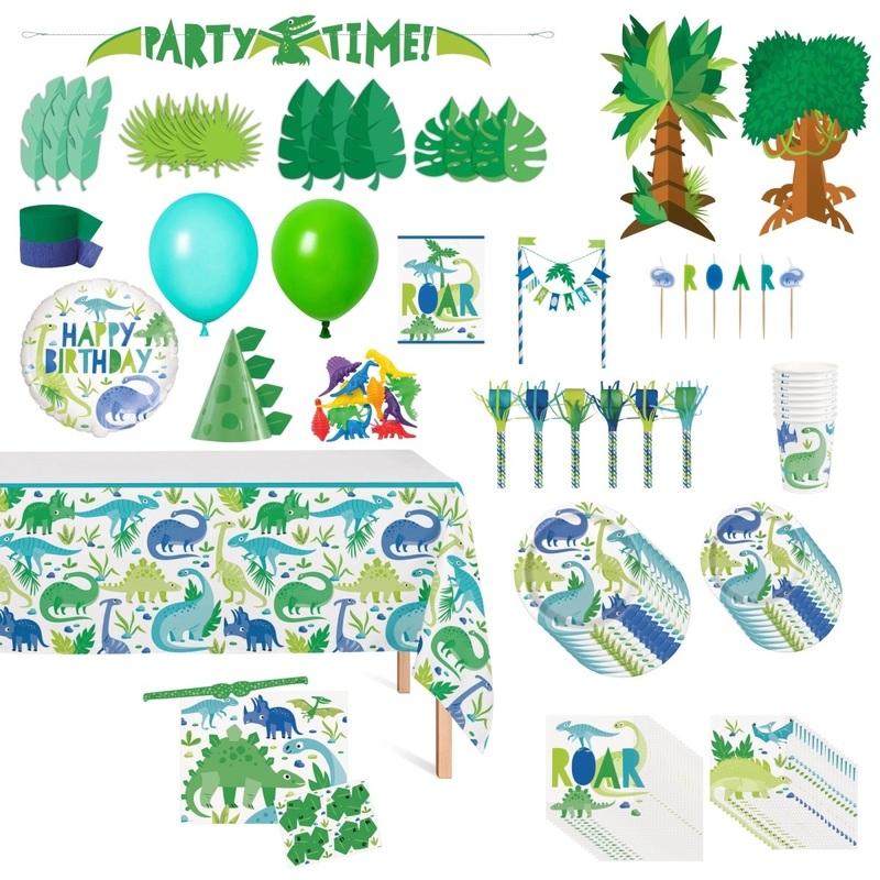 Blue and Green Dinosaurs Ultimate Birthday Party Supplies Kit, 8 Guests