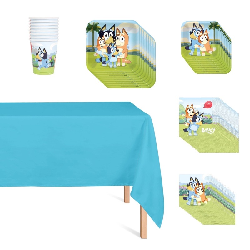 Bluey Basic Tableware Birthday Party Supplies Kit, Square Plates, 8 Guests