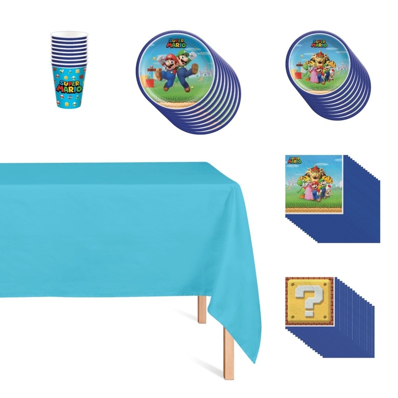Super Mario Bros. Basic Tableware Birthday Party Supplies Kit, 8 Guests