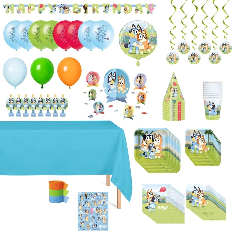Bluey Standard Birthday Party Supplies Kit, Square Plates, 8 Guests