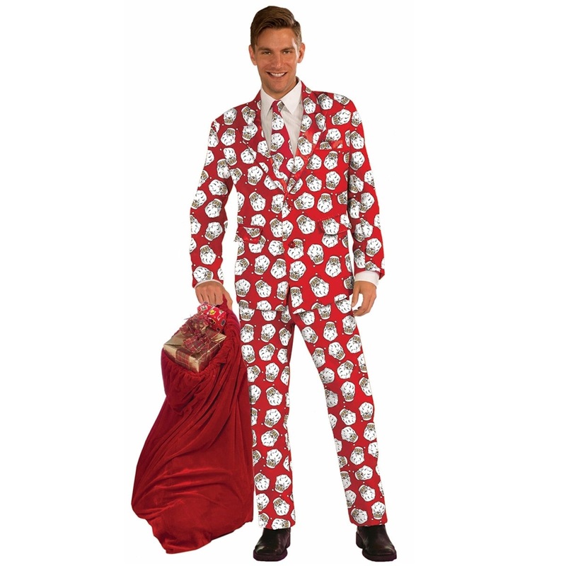 Santa Print Suit Costume for Adults, Red Jacket, Pants and Tie STD