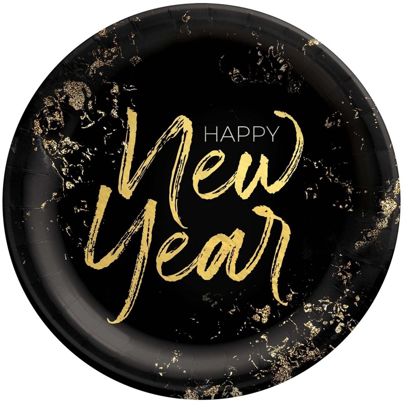 Cheers for the NY Large Round Lunch Paper Plates, Black and Gold, 10 Inches, 20 Count