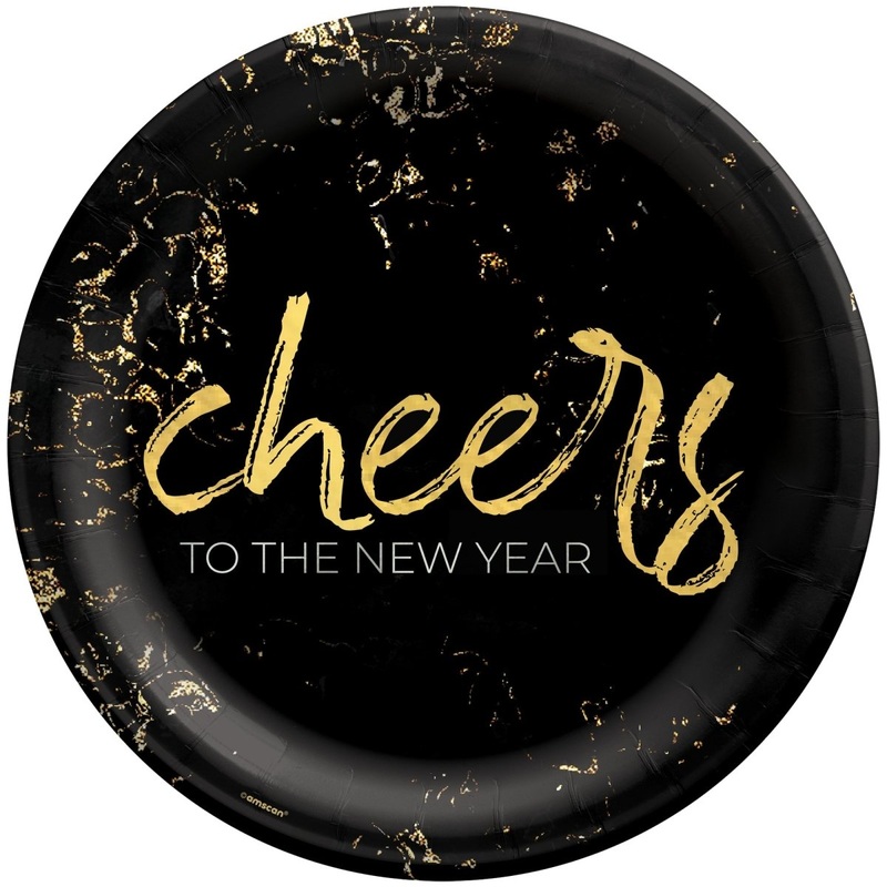 Cheers for the NY Small Round Dessert Paper Plates, Black and Gold, 7 Inches, 20 Count