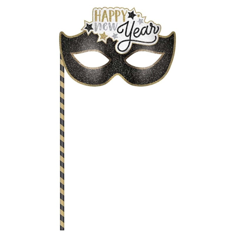 Happy New Year Black Glitter Mask on a Stick, 1 Count
