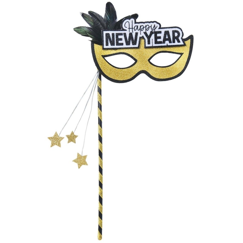 Happy New Year Gold Glitter Mask on a Stick with Feather, 1 Count
