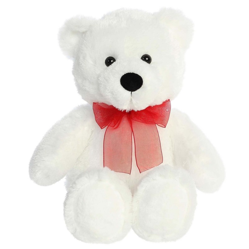 White Bear Plush with Red Bow, 10 Inches, 1 Count