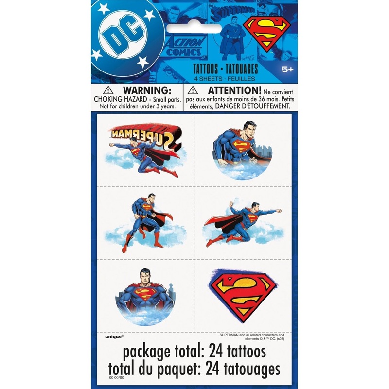 Superman Birthday Temporary Tattoos, 4 Sheets, 24 Count