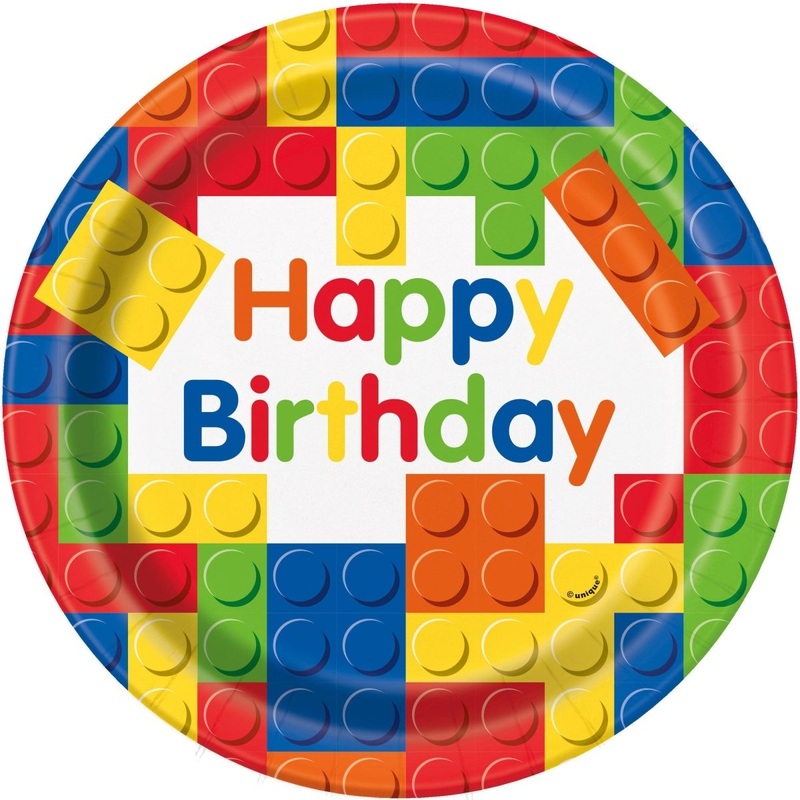 Building Blocks Birthday Large Round Lunch Paper Plates, 9 Inches, 8 Count