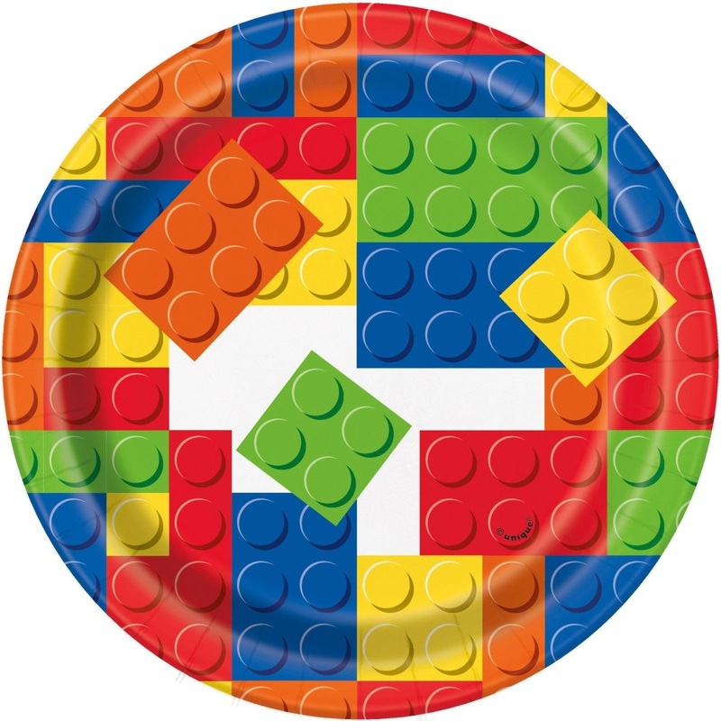 Building Blocks Birthday Small Round Dessert Paper Plates, 7 Inches, 8 Count