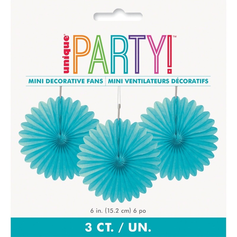 Caribbean Blue Decorative Paper Fans, 6 Inches, 3 Count