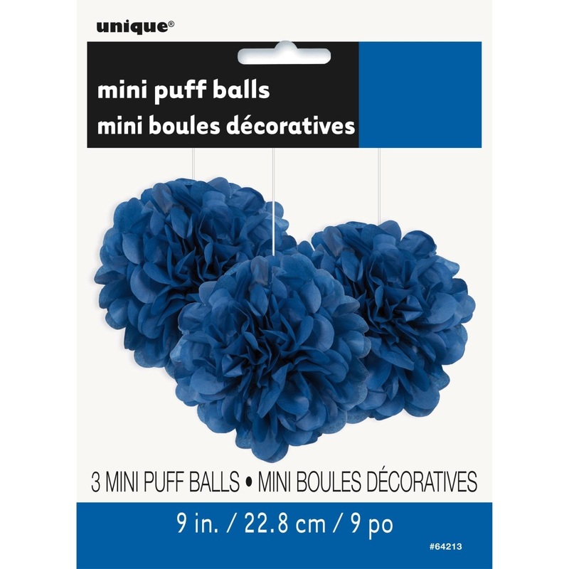 Royal Blue Mini Puff Hanging Decorations, 9 Inches, 3 Count