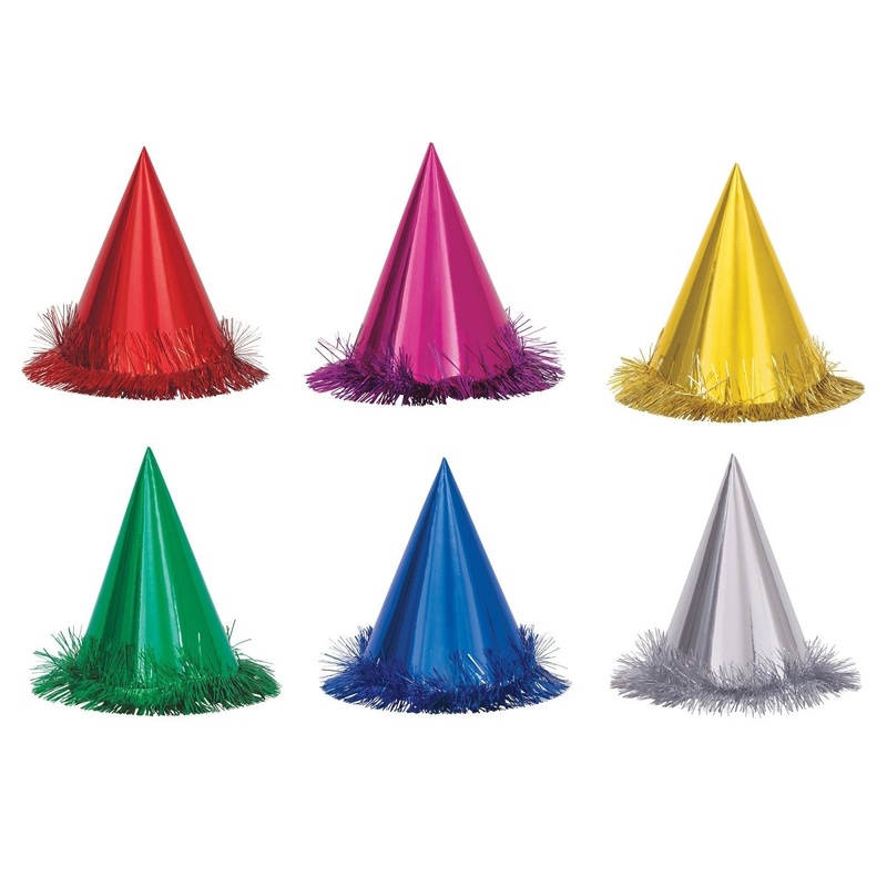 Fringed Foil Party Hats, Assortment, 6 Count