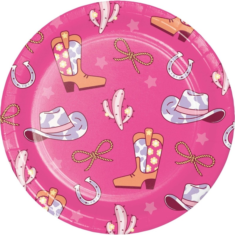 Boots and Bows Birthday Large Round Lunch Paper Plates, 9 Inches, 8 Count