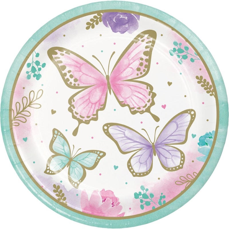 Butterfly Shimmer Birthday Large Round Lunch Paper Plates, 9 Inches, 8 Count