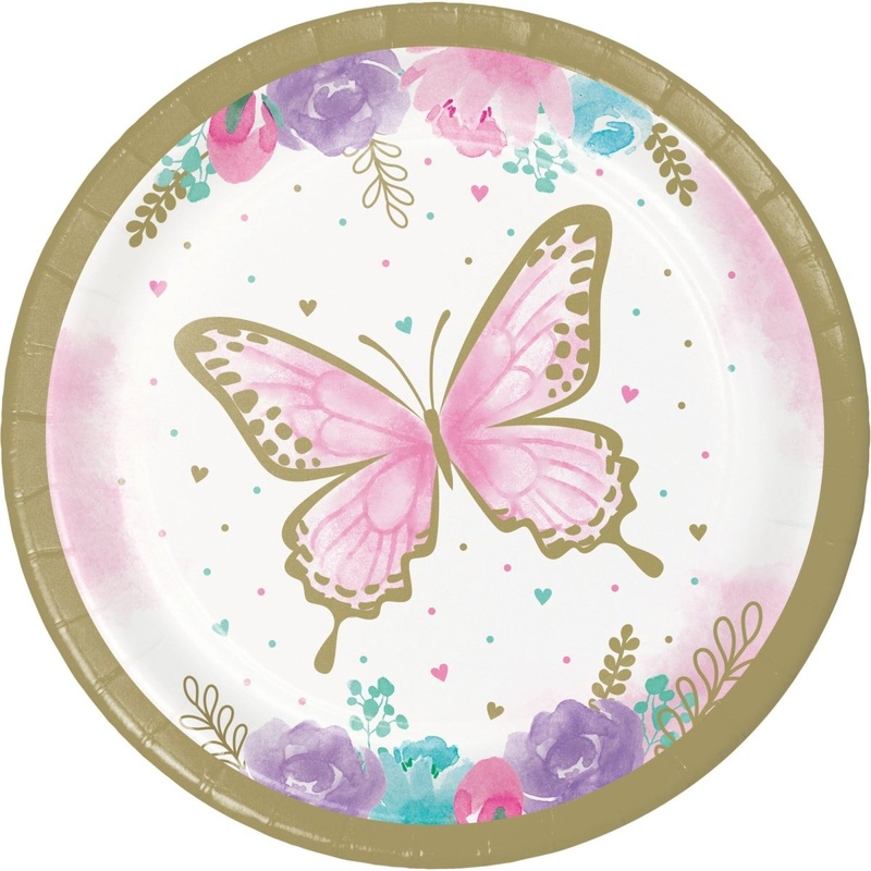 Butterfly Shimmer Birthday Small Round Dessert Paper Plates, 7 Inches, 8 Count