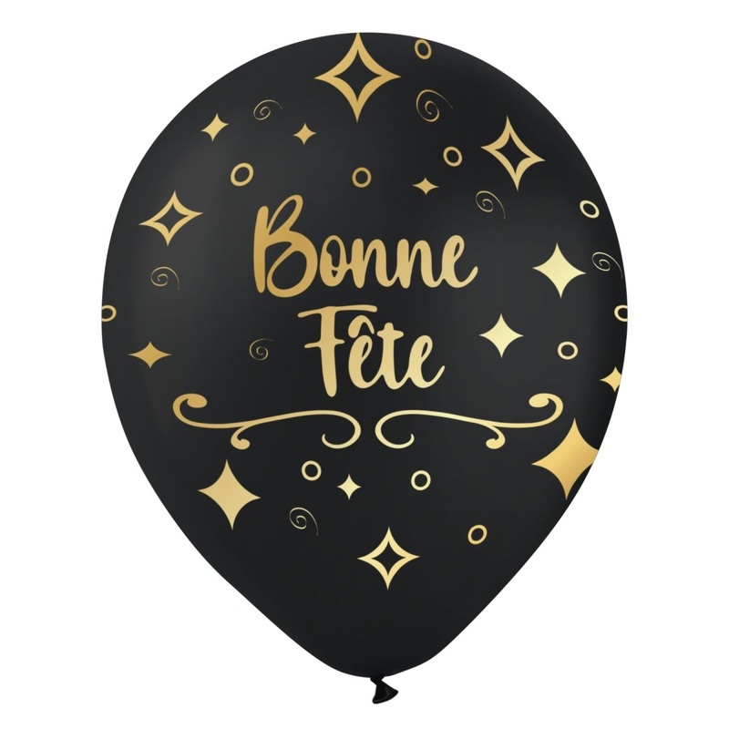 Black "Bonne Fte" Latex Balloons, Gold, 12 Inches, 15 Count