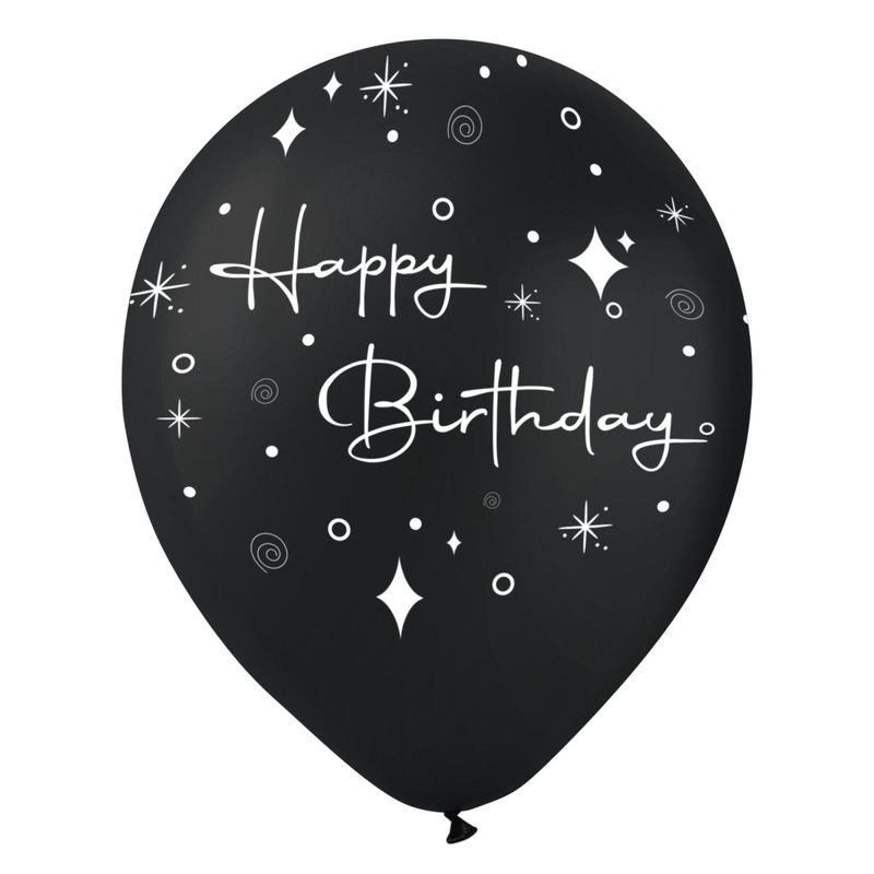 Black Happy Birthday Latex Balloons, 12 Inches, 15 Count