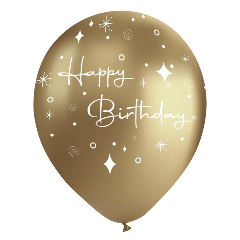 Chrome Gold Happy Birthday Latex Balloons, White, 12 Inches, 15 Count