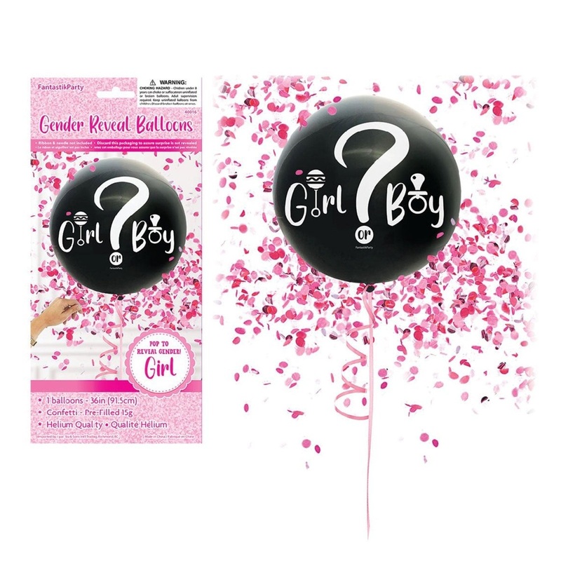 Gender Reveal Latex Balloon with Pink Confetti, 36 Inches, 1 Count