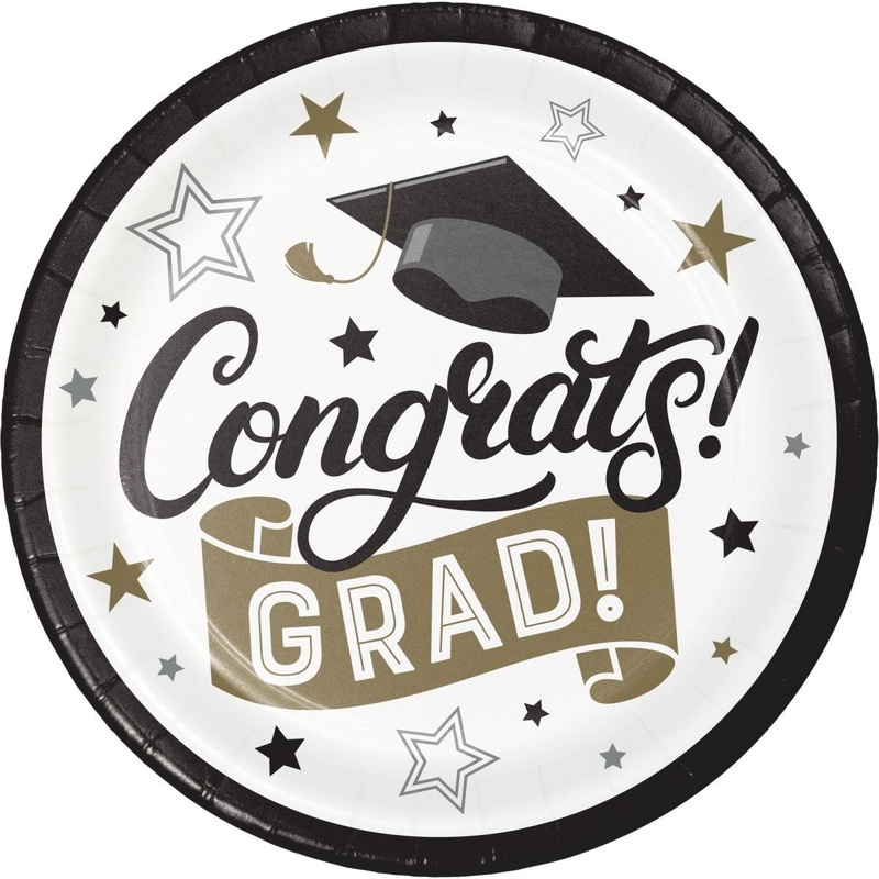Grad Glamor Large Round Lunch Paper Plates, 9 Inches, 8 Count