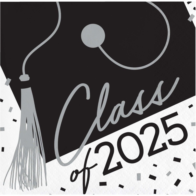 White Grad "Class of 2025" Small Beverage Napkins, 36 Count