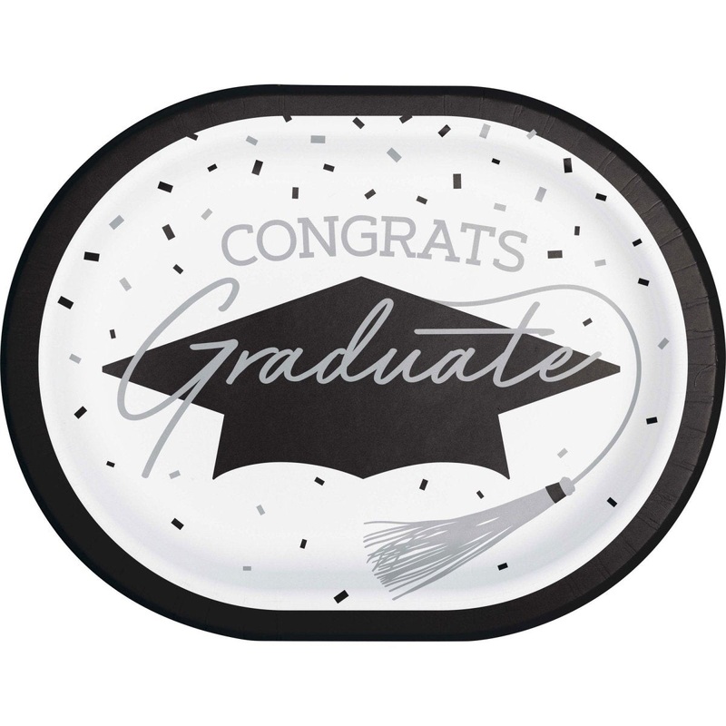 White Grad Large Oval Paper Plates, 9.25 Inches, 8 Count