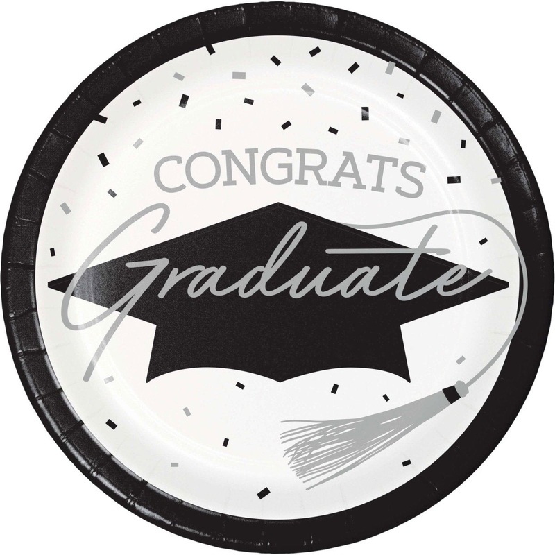 White Grad Small Round Dessert Paper Plates, 7 Inches, 18 Count