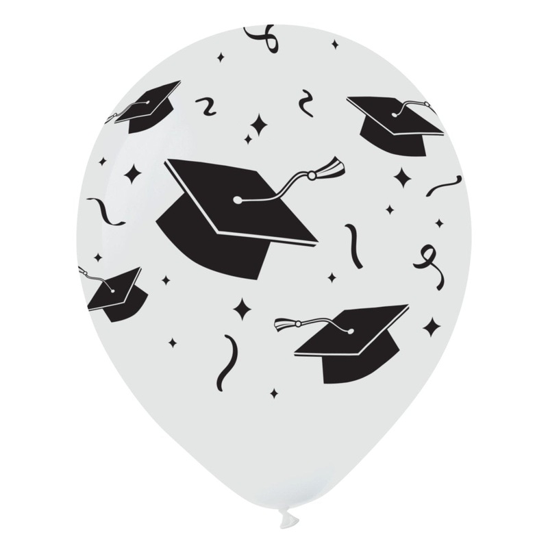 White Latex Balloons with Grad Caps, 12 Inches, 15 Count