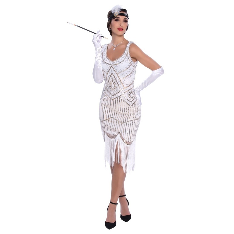 1920s Gatsby Elegant Lady Costume for Adults, White and Gold Dress S