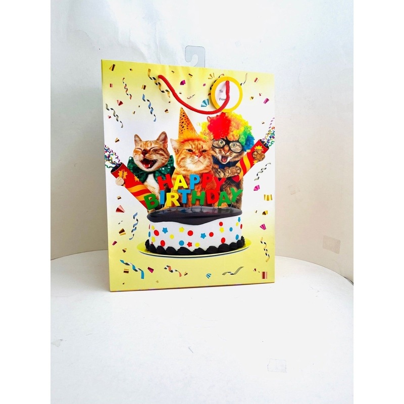 Large Happy Birthday Gift Bag Cat, 10x12 Inches, 1 Count